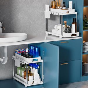 Plateau de rangement double coulissant <span class=keywords><strong>sous</strong></span> l'évier <span class=keywords><strong>Organisateur</strong></span> d'armoires de cuisine et de salle de bain en plastique avec caractéristiques de comptoir - Product Image 2