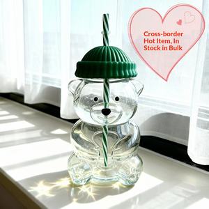 Gobelet en verre avec motif d'ours, portable avec couvercle et paille pour les jeunes - Product Image 6