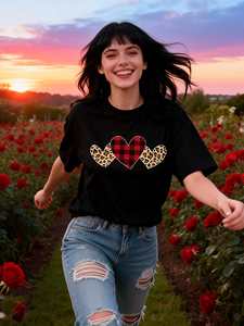 T-shirt con stampa a cuore per San Valentino, da donna, a maniche corte, girocollo, 100% cotone, stile dolce, design patchwork, abbigliamento primavera estate - Product Image 3