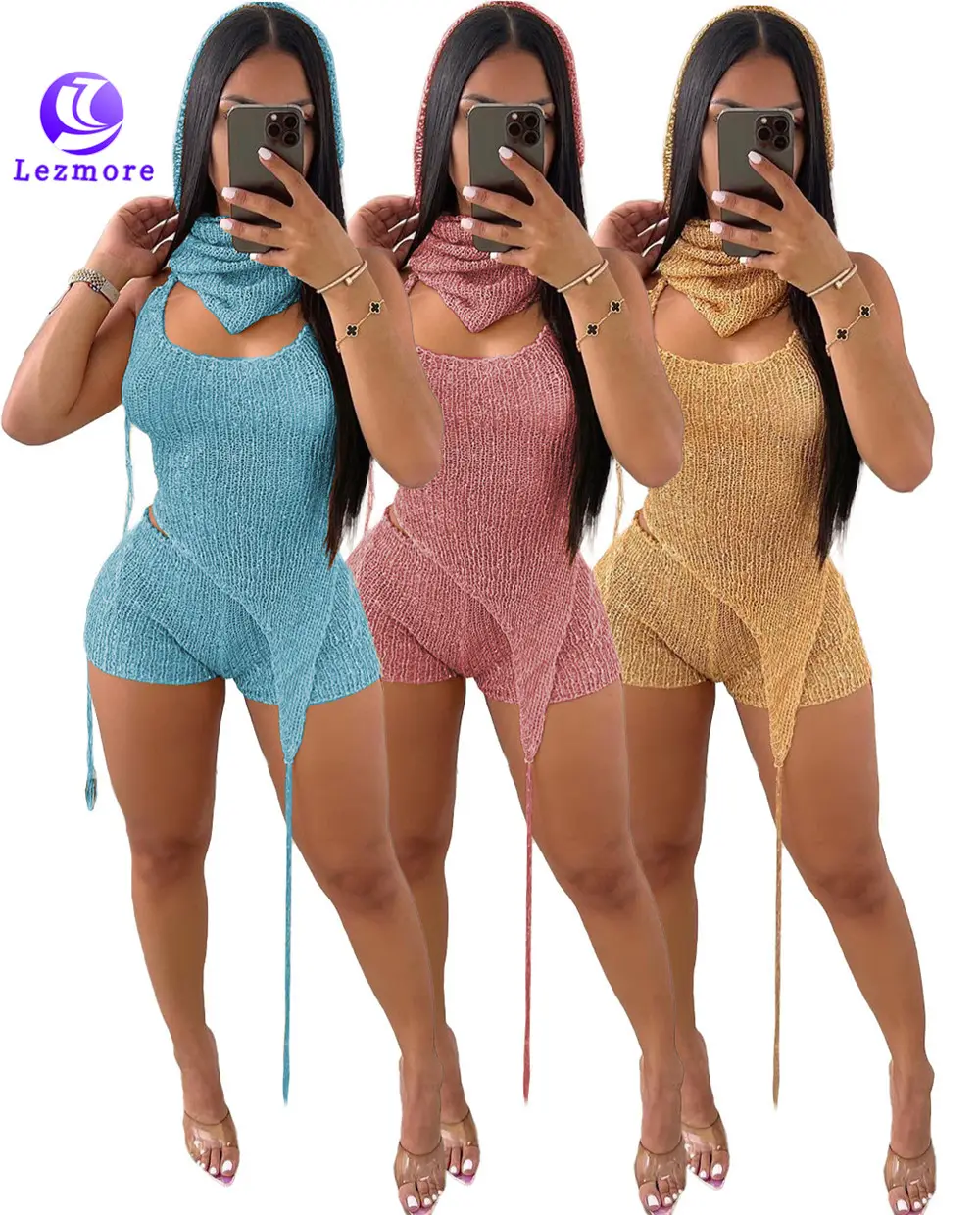 Mais recente Design Tricô Lantejoulas 2 Peça Define Oco Out Irregularidade Lace-Up Top Shorts 2 Peça Set Mulheres De Malha