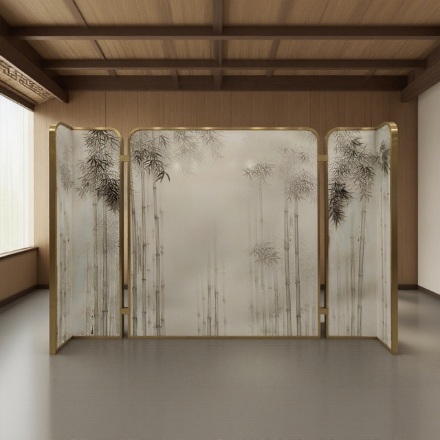 Traditional Ink - Wash Freehand Brushwork Hand -Painted Lacquer Screen Partition With Bamboo Pattern For Indoor Use