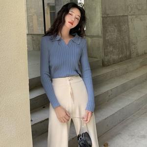 New Fashion Women Girls coreano tinta unita top bavero con scollo a v manica lunga Slim Knit Pullover vestiti <span class=keywords><strong>maglieria</strong></span> Casual - Product Image 6