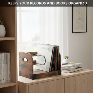 Soporte portátil de madera para discos de vinilo, estante de almacenamiento de escritorio con mango de metal para organizar CD y álbumes - Product Image 2