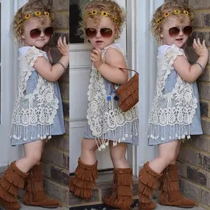 Di modo Bianco Beige Bambino Del Capretto Del Bambino Della Ragazza Del Crochet Del Merletto Sleeveless Della Maglia Hollow Cardigan Superiore Del Merletto Della Frangia Della Nappa Gilet