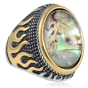 yunnique Men's <b>Titanium</b> Steel Oval Stone <b>Ring</b> Two-tone Flame Pattern Bezel Setting Punk Style Fashion Jewelry Gift - Product Image 5