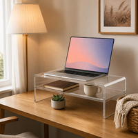 Support d'écran en acrylique transparent à 2 niveaux, rehausseur de bureau transparent pour écran d'ordinateur avec étagère de rangement pour bureau et maison