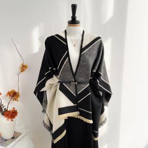 Women Geometric Knit <b>Poncho</b> Scarf Windproof Long <b>Wrap</b> for Autumn Winter Vintage Oversized Blanket Scarf <b>Ladies</b> Daily Wear - Product Image 2
