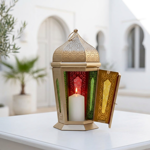 Wholesale <b>Moroccan</b> Style Gold Metal Candle Lantern with Colored Floral Glass for Home <b>Decoration</b> - Product Image 1