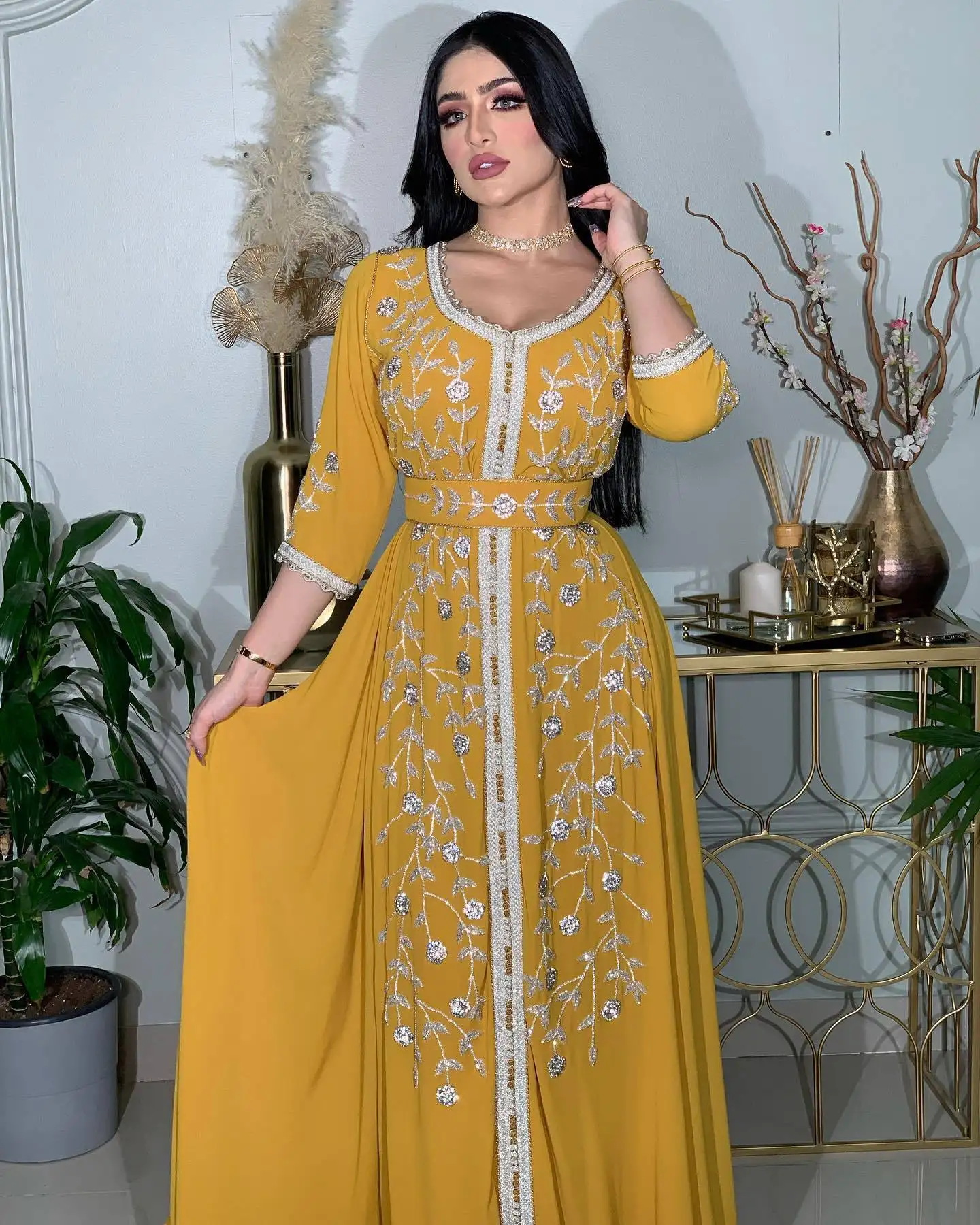 Robe de soirée jaune Eid diamond pour filles, abaya pour femmes, robe musulmane, nouvelle collection 2023