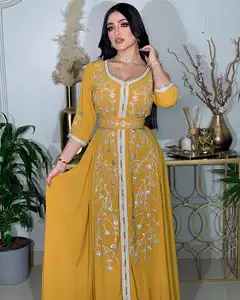 New Eid diamond yellow party wear girl evening abaya women muslim dress 2023