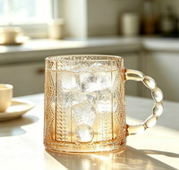 Tasse en verre gaufré vintage avec poignée en chaîne de perles, mug transparent pour café, thé, jus et boissons froides