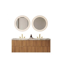 Meuble de salle de bain moderne en bois cannelé, prix direct usine, armoire sur pied personnalisée, plan de travail en quartz, lavabo en céramique, cuivre