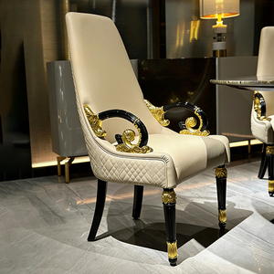 Chaise de salle à manger de luxe confortable en cuir véritable avec dossier haut, structure en bois de frêne massif sculpté, chaises de salle à manger avec accoudoirs - Product Image 1