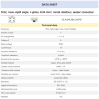 Connecteur d'aviation M12 à 4 broches mâle, blindé, boîtier métallique, angle droit, IP67, 4A 250V, 22 AWG 0,34 mm