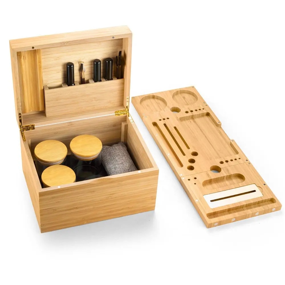 Wholesale Bamboo Wooden hash Stash Box with Rolling Tray Smell Proof Storage Acacia Magnetic Container Smoking Accessories