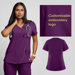 Women Hospital Scrubs Set Moisture Wicking V-Neck Uniforms For Nurses Doctors Rose Red Orange Red Blue Wine Red Dark Purple - Product Image 3