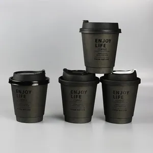 Coffee Cups Paper Cups With Lids Logo Printed Disposable 8oz 12oz 16oz Black Craft Paper Beverage Double Wall