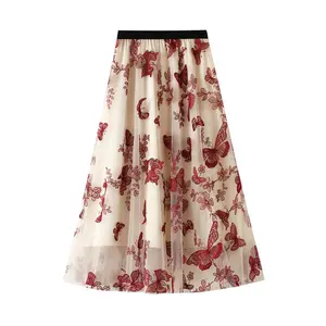 Spring and summer new high-waisted slimming A word lace fairy net gauze in the long half skirt skirt for women