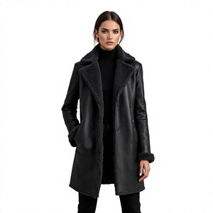 Chaqueta de mujer negra de piel sintética con forro de borrego, doble botonadura, cuello vuelto, forro de piel, estilo moto largo, cálida para invierno - Product Image 6