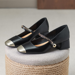 New Spring 2025 Women's <b>Shoes</b>: Color-blocked Square Toe <b>Chunky</b> Heel One-strap French-style Low-cut Leather <b>Shoes</b> - Product Image 4