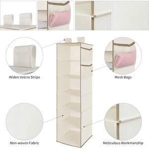 Organisateur de placard suspendu à 6 niveaux, étagère de rangement pliable avec poches en filet pour vêtements et accessoires de chambre à coucher, beige - Product Image 4