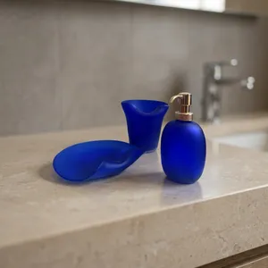 Three Piece Durable Easy Cleaning Bathroom <b>Set</b> Frosted Blue Murano Glass Gold Pump Includes Tumbler <b>Soap</b> Dish Dispenser Made - Product Image 1