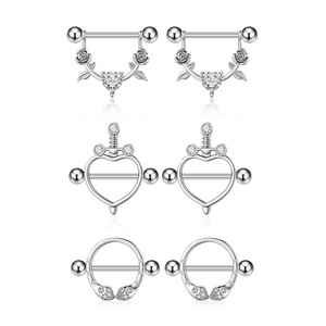 Anneaux de mamelon hypoallergéniques Chic pour femmes en acier inoxydable 316L coeur fleur CZ haltère Nipplerings Piercing bijoux - Product Image 1