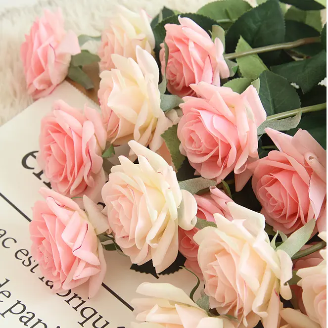 Rosas artificiales de terciopelo y látex para decoración del hogar, flores artificiales de seda con tacto Real para boda