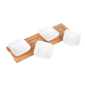 Ensemble de trempette en céramique 3 "bols à collation carrés sur 12" plateau en bambou ivoire blanc plats de service ensemble de 4 - Product Image 1