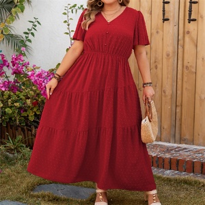 Robe Printemps-Été 2025 Élégante Décontractée Ample Grande Taille Col en V Longue Couleur Unie Boutonnée Grande Taille - Product Image 1