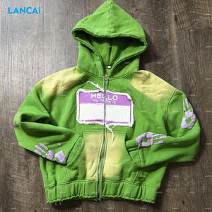 Ensemble de sweat à capuche zippé en éponge pour homme avec poche kangourou Applique et impression personnalisées Lavage de singe Cordon de serrage réglable - Product Image 2