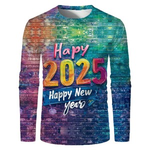 Camiseta de Manga Larga con Estampado Digital de Feliz Año Nuevo 2025, Cuello Redondo, Unisex, Talla Grande, para Fiestas - Product Image 4