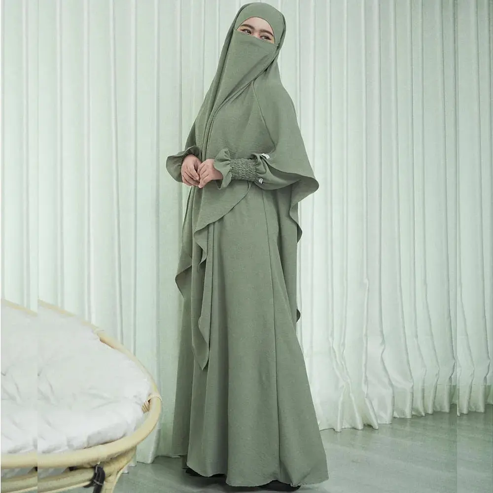 New Style Eid Islamische Kleidung in voller Länge Muslim Butterfly Frauen Kleid Zwei Schichten Khimar Zweiteiler Set Jazz Crepe Abaya