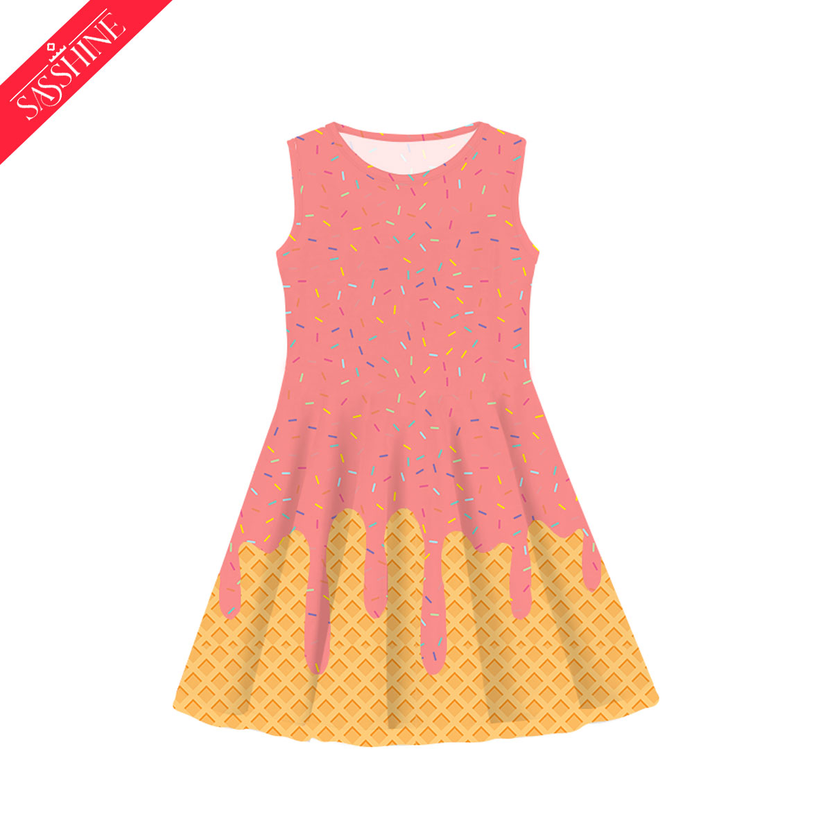 ice cream drip dress Pastel Rainbow Sprinkles Ice Cream Drip Skater Dress, Kawaii Wafflecone Sleeveless Sundress With Pockets