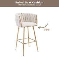 Tabourets de bar de chaise d'îlot rotatifs de cuisine décorés en velours beige avec dossier en tissu enveloppé et pieds en métal doré