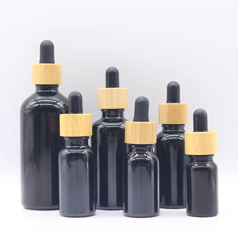 5ml 10ml 15ml 20ml 30ml 50ml 100ml bottiglia di vetro di olio essenziale nero satinato opaco con cappuccio contagocce di bambù