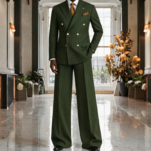 Traje de hombre verde a rayas de doble botonadura con cuello de muesca, conjunto formal de 2 piezas para bodas y eventos de negocios, con cierre de cremallera, tallas grandes - Product Image 2