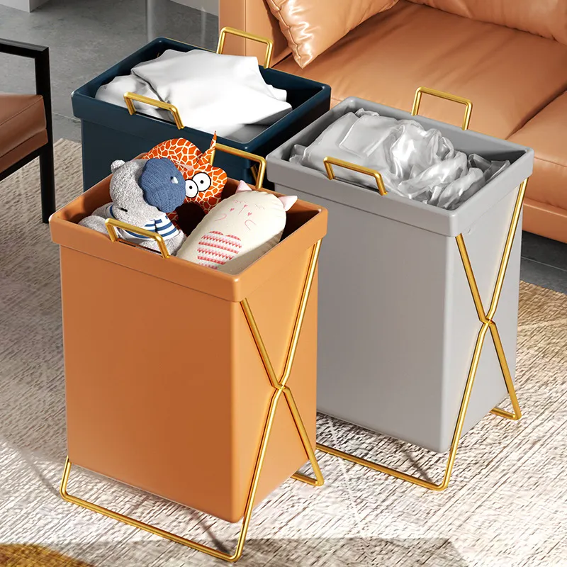 Folding Laundry Baskets Bathroom Organizer Metal Leather Clothes Storage Large Kids Toys Collapsible Laundry Baskets Foldable