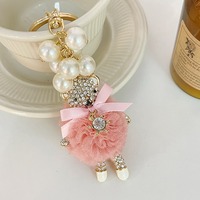 Luxe mode diamant ours en peluche perle pendentif bling cristal porte-clés gaze jupe ours corde strass porte-clés accessoires