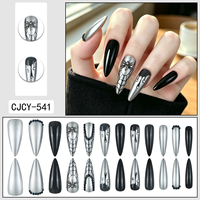 Faux ongles à presser Halloween, longs, forme stiletto, motif toile d'araignée noire et argentée avec strass, réutilisables, vente en gros usine