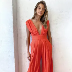 QINSI 2022 Summer Casual Streetwear Bodycon Body Suit donna lino cotone senza maniche Body Sexy arancione profondo scollo a V tuta