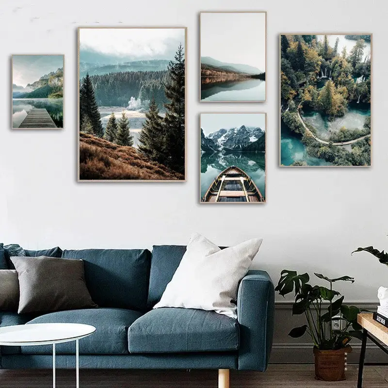Seni asli 5 buah kanvas hutan alami Modern pemandangan dinding cetak gambar lukisan pohon dan pekerjaan seni burung