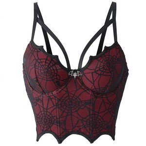 Corset en dentelle motif toile d'araignée et arêtes de poisson bordeaux avec armatures, sans rembourrage, taille SML, débardeur d'extérieur, costume d'Halloween - Product Image 1