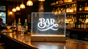 Enseigne de bar en acrylique LED, boîte lumineuse de table en acrylique <span class=keywords><strong>éclairé</strong></span>e, enseigne de logo de marque en <span class=keywords><strong>plexiglas</strong></span> avec base en bois pour bars - Product Image 5