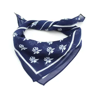 Navy Blue White 100% Silk Chiffon Girl Bag Bandanas Flower Square Women China Wholesale Printing Custom Neckerchief Scarf Silk