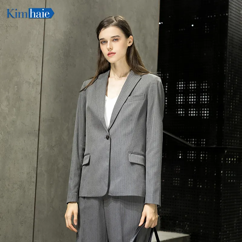Nueva moda de alta calidad para mujer, traje de negocios de un solo pecho con rayas grises, traje ligero para uso diario