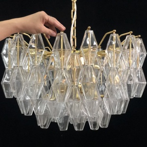 Lampadario Artigianale <span class=keywords><strong>Vintage</strong></span> Collezione <span class=keywords><strong>Venini</strong></span> Poliedri in Vetro di Murano Trasparente con Struttura in Metallo Dorato per Arredamento Interno - Product Image 2
