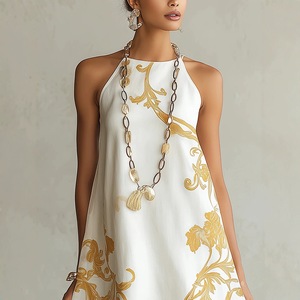 Abito Mini da Donna con Collo Halter Senza Maniche, Elegante Stampa Floreale, Vestito Estivo Casual per Feste e Vacanze - Product Image 1