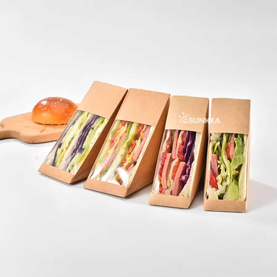 도매 사용자 정의 크기 인쇄 로고 일회용 식품 학년 크래프트 종이 삼각형 샌드위치 상자