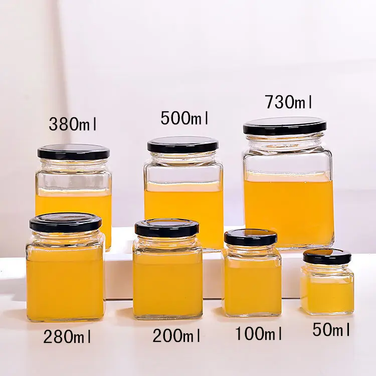 رخيصة مربع الزجاج المربى جرة 50 مللي 80 مللي 100 مللي 150 مللي 200 مللي 280 مللي 380 مللي 750 مللي 500 مللي واضح مربع دورق عسل زجاجي مع غطاء معدني